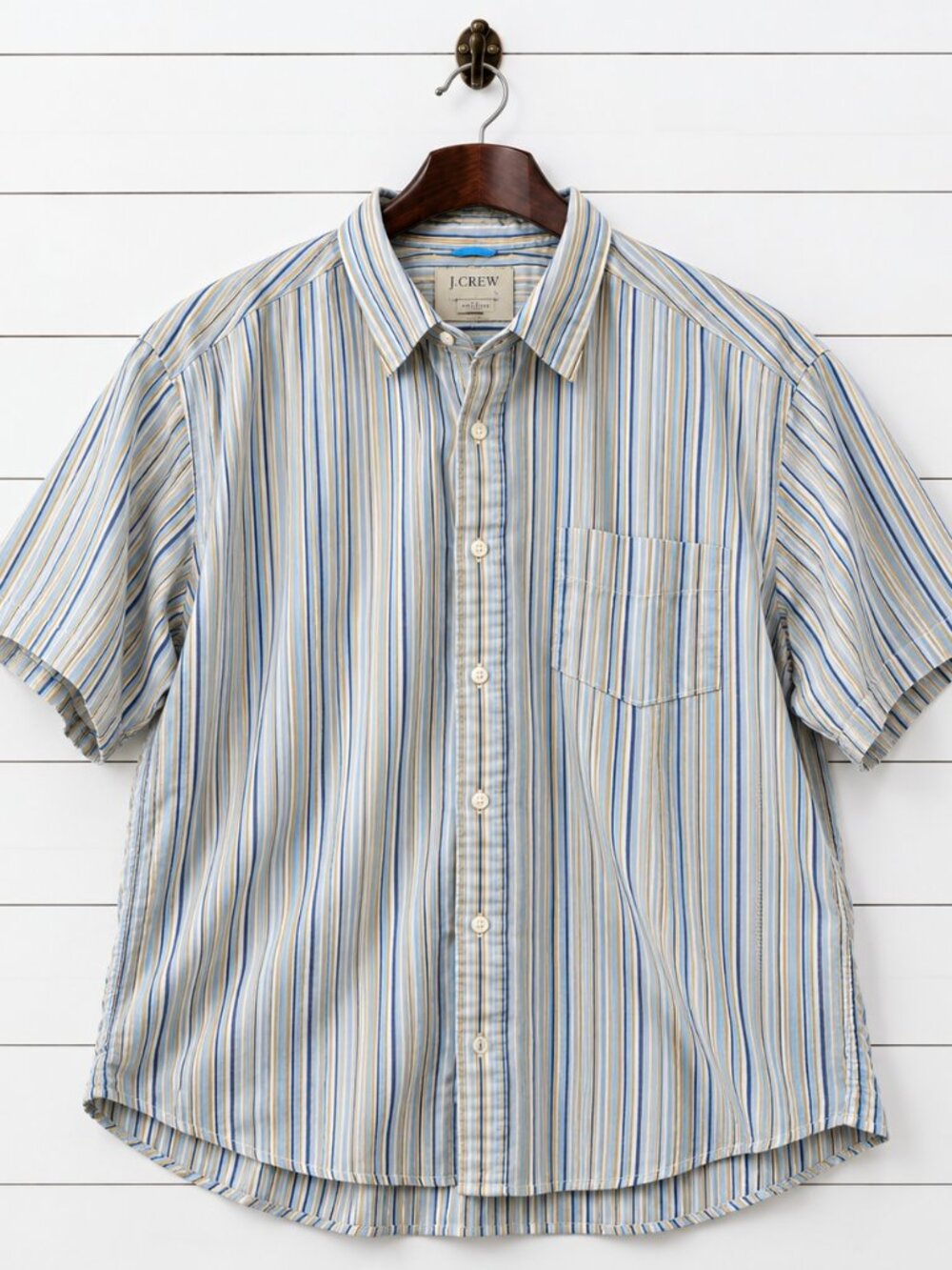 J.Crew Striped Button Front Shirt Mens L Blue Yellow Cotton Casual Preppy Pocket